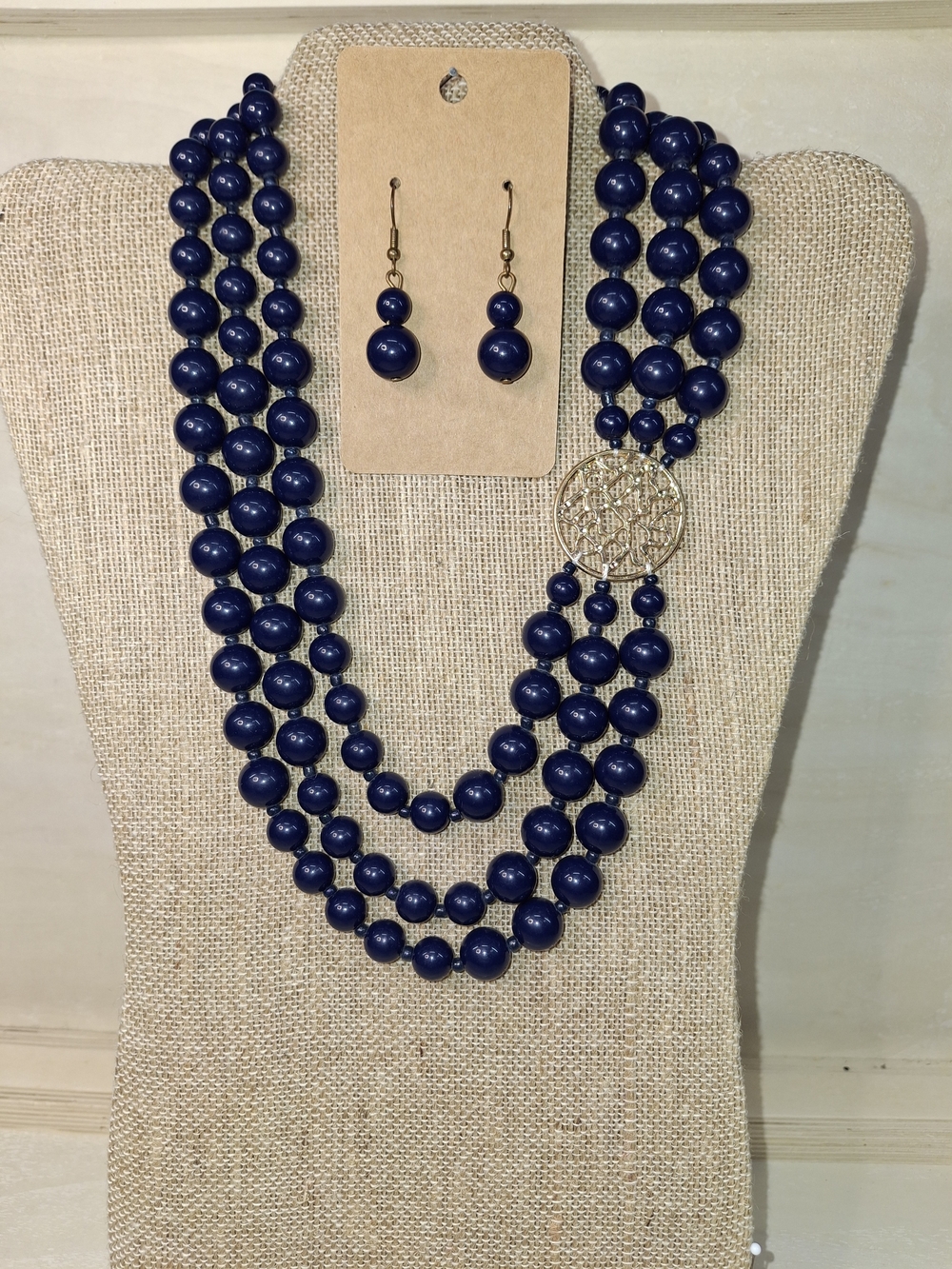 Blue Beaded Multi-Strand Necklace with Gold Medallion and Matching Earrings